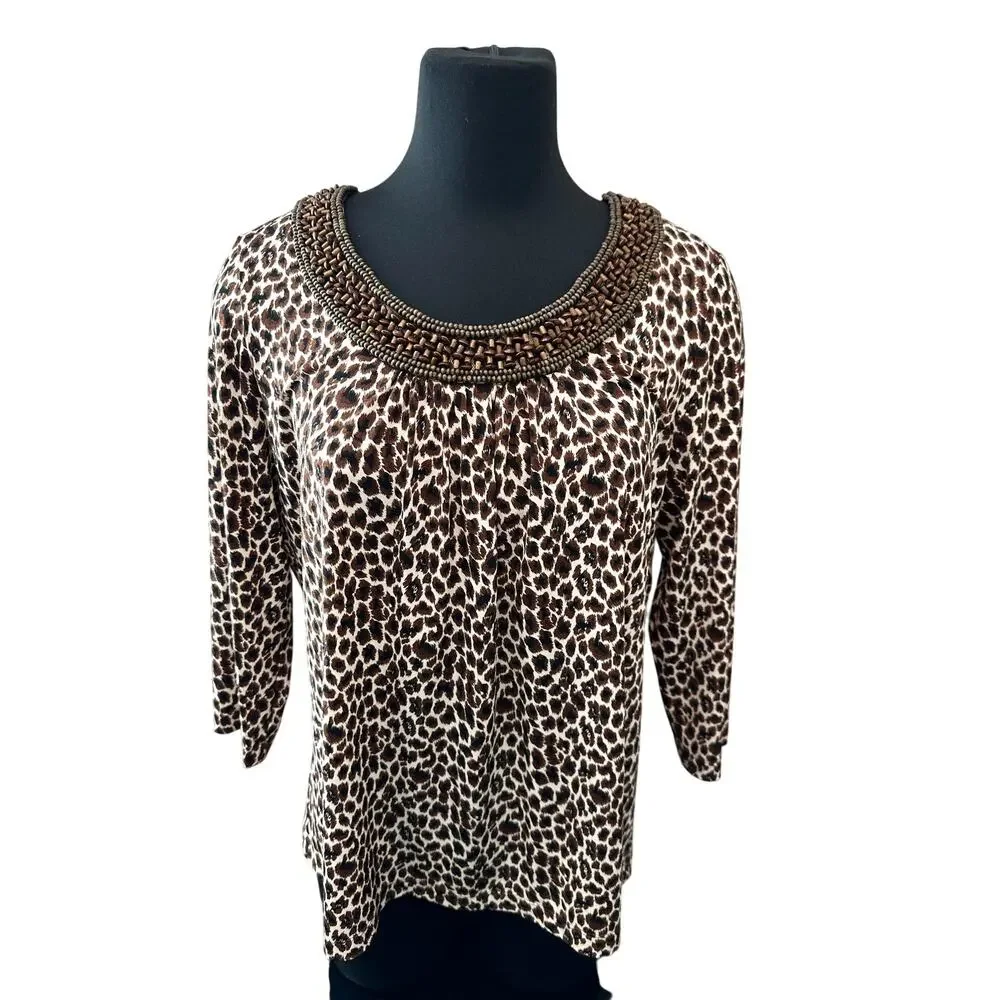 CHICO’S | Leopard Print Knit Top Beaded Scoop Neck 3/4 Sleeve | Size 2 Large - Picture 2 of 7
